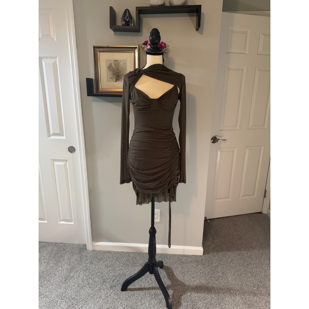Olive Green Ruched Mesh Long Sleeve Bodycon Mini Dress Cutout Sweetheart Size M